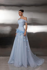 Light Blue Off Shoulder Sleeveless A-Line Tulle 3D Floral Appliques Formal Evening Gown
