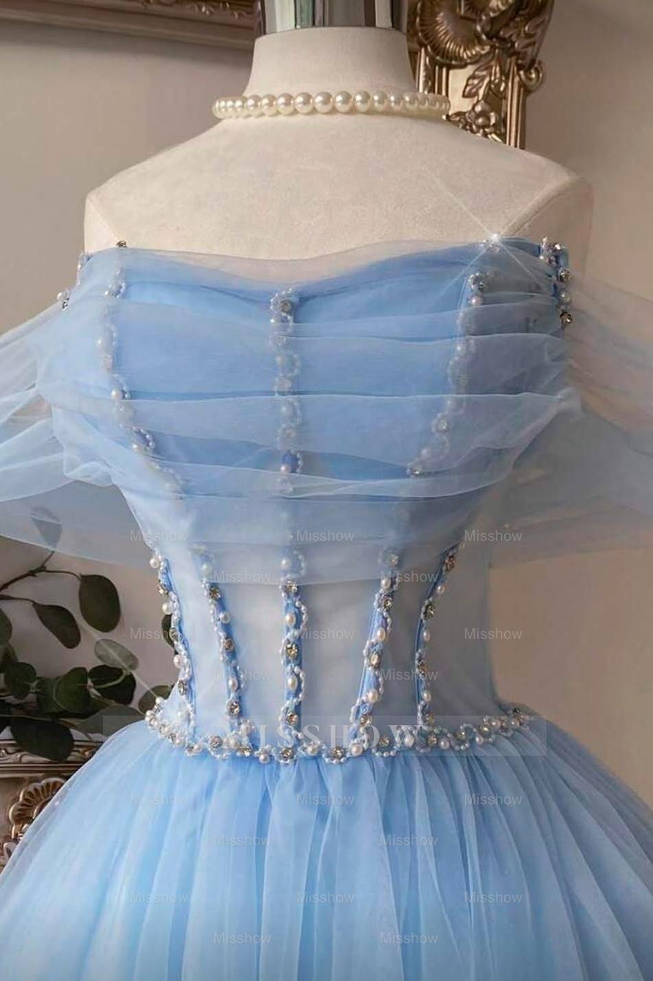 Light Blue Off-The-Shoulder Sleeveless A-Line Tulle Beaded Tea Length Formal Dress