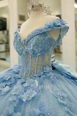 Light Blue Off-the-Shoulder Long Sleeve 3D Floral Rhinestone Ball Gown Quinceanera Dress
