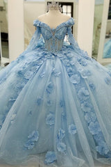 Light Blue Off-the-Shoulder Long Sleeve 3D Floral Rhinestone Ball Gown Quinceanera Dress