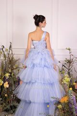 Light Blue One Shoulder Sleeveless Ball Gown Tulle Ruffled Floor Formal Evening Gown