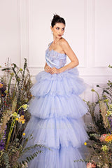 Light Blue One Shoulder Sleeveless Ball Gown Tulle Ruffled Floor Formal Evening Gown