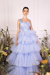 Light Blue One Shoulder Sleeveless Ball Gown Tulle Ruffled Floor Formal Evening Gown