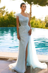 Light Blue One Shoulder Sleeveless Mermaid Sequined Feather Beaded Formal Evening Gown