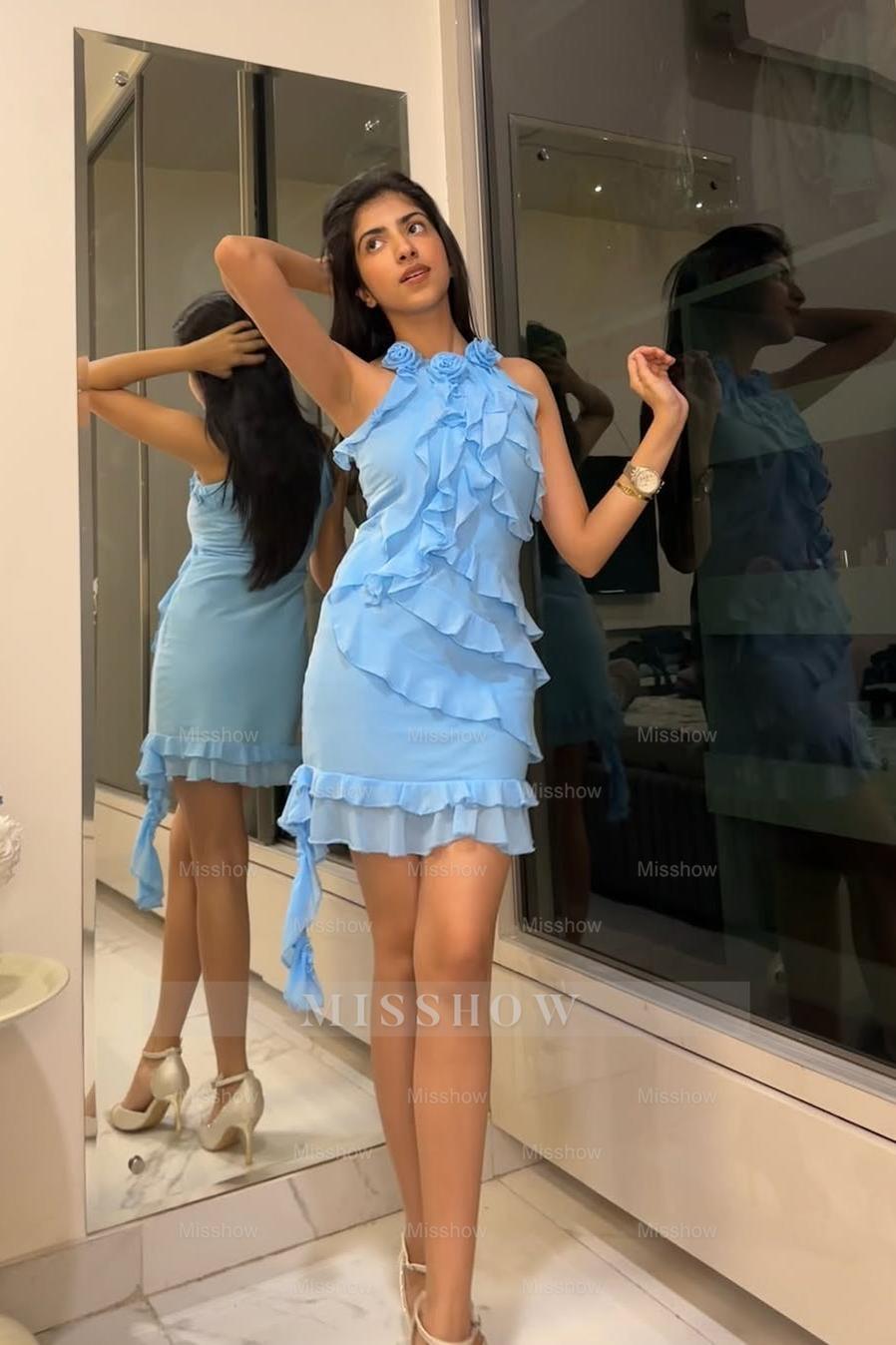 Light Blue Rhinestone Halter Sleeveless Bodycon Satin Ruffled Mini Formal Evening Dress