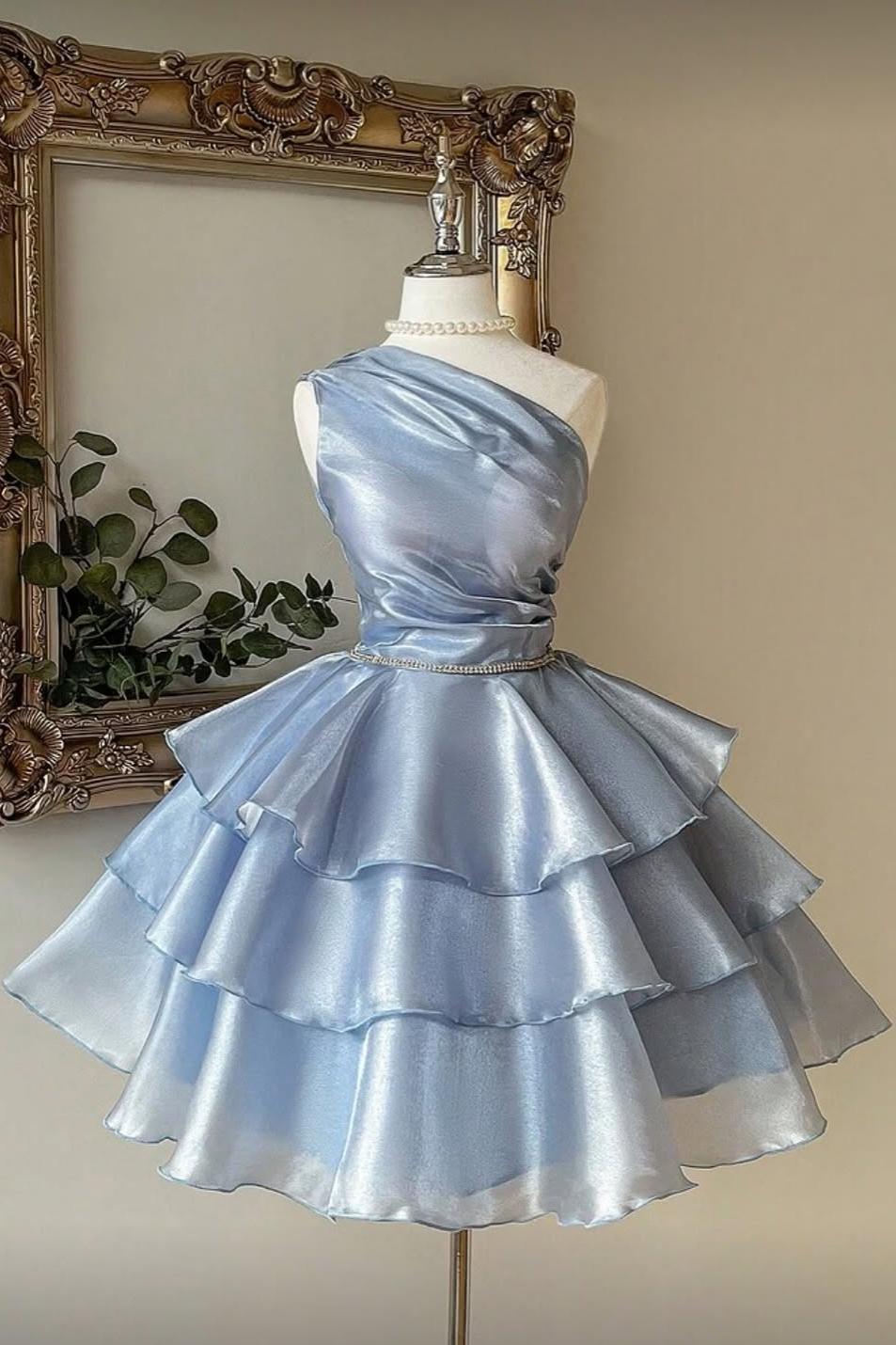 Light Blue Rhinestone One Shoulder Sleeveless Satin Fit and Flare Ruched Mini Formal Dress