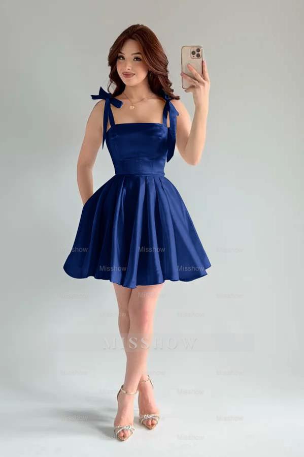 Light Blue Rhinestone Square Sleeveless A-Line Pleated Bow Mini Formal Evening Dress