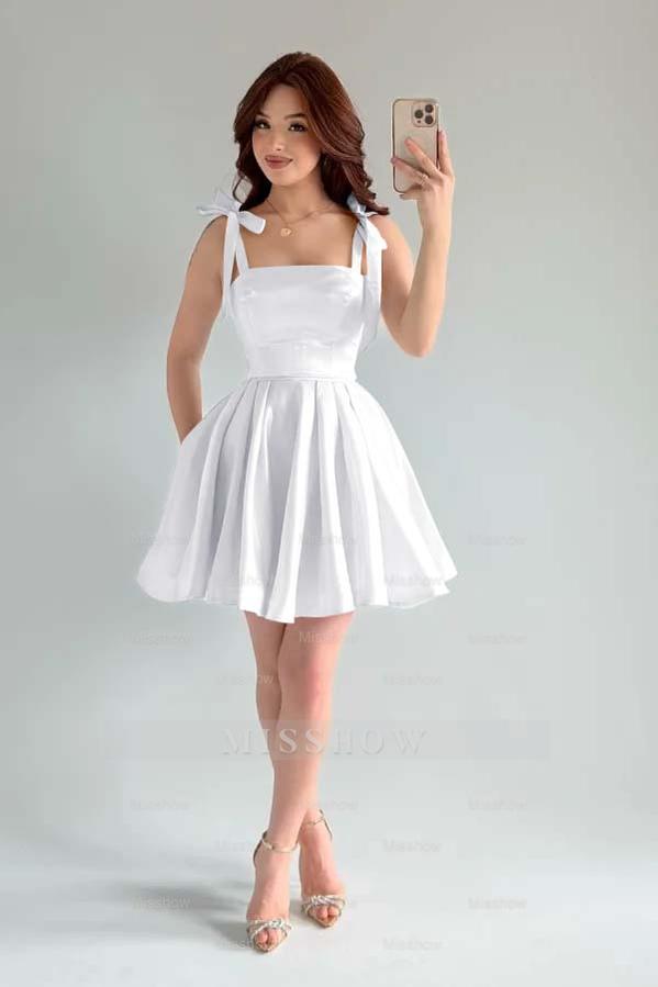 Light Blue Rhinestone Square Sleeveless A-Line Pleated Bow Mini Formal Evening Dress