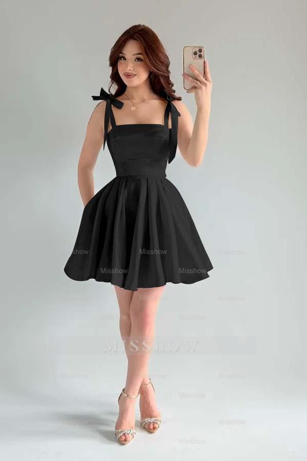 Light Blue Rhinestone Square Sleeveless A-Line Pleated Bow Mini Formal Evening Dress