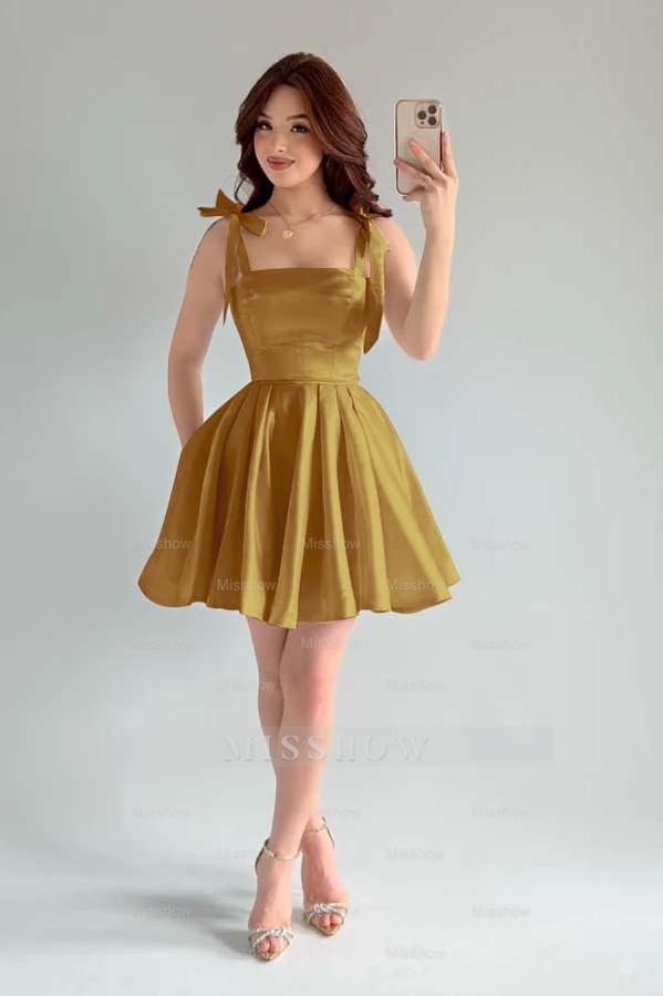Light Blue Rhinestone Square Sleeveless A-Line Pleated Bow Mini Formal Evening Dress
