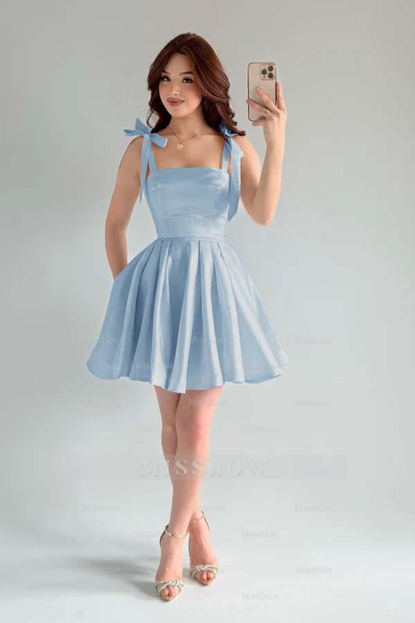 Light Blue Rhinestone Square Sleeveless A-Line Pleated Bow Mini Formal Evening Dress