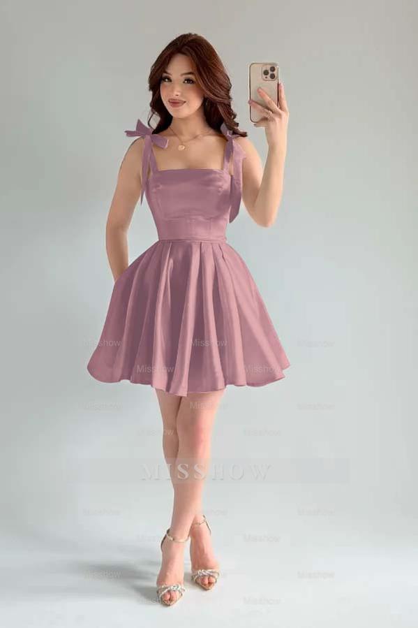 Light Blue Rhinestone Square Sleeveless A-Line Pleated Bow Mini Formal Evening Dress