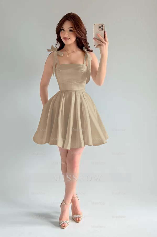 Light Blue Rhinestone Square Sleeveless A-Line Pleated Bow Mini Formal Evening Dress