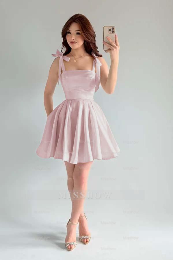 Light Blue Rhinestone Square Sleeveless A-Line Pleated Bow Mini Formal Evening Dress