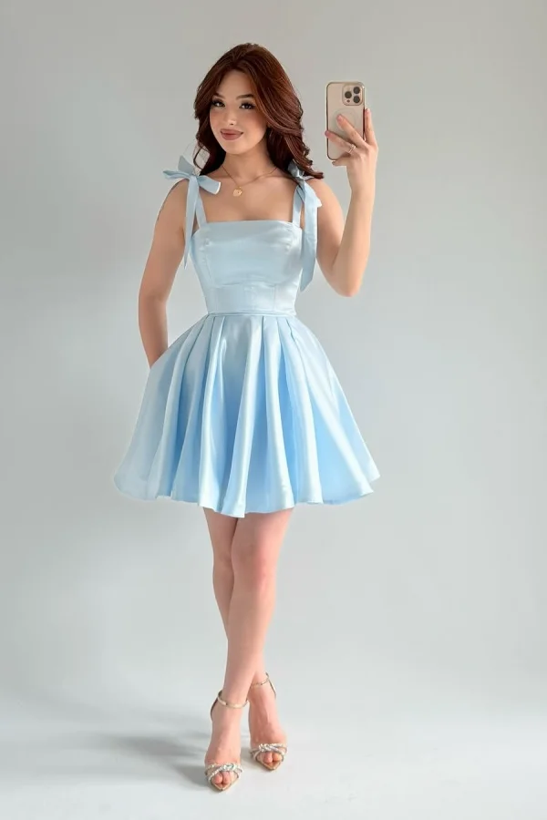 Light Blue Rhinestone Square Sleeveless A-Line Pleated Bow Mini Formal Evening Dress