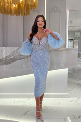 Light Blue Rhinestone Sweetheart Puff Sleeves Sequined Bodycon Midi Formal Evening Dress