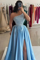 Light Blue Satin A-Line Evening Dress One-Shoulder Allover Pearl Crystal Beaded Corset Bodice Scattered Pearl Skirt Thigh-High Slit Floor Length Formal Gown
