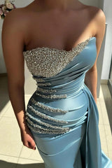 Light Blue Satin Mermaid Evening Dress Strapless Sweetheart Fully Crystal Beaded Corset Bodice Diagonal Crystal Stripe Ruched Waist Side Drape Overskirt Sweep Train Formal Gown