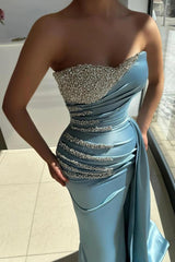 Light Blue Satin Mermaid Evening Dress Strapless Sweetheart Fully Crystal Beaded Corset Bodice Diagonal Crystal Stripe Ruched Waist Side Drape Overskirt Sweep Train Formal Gown