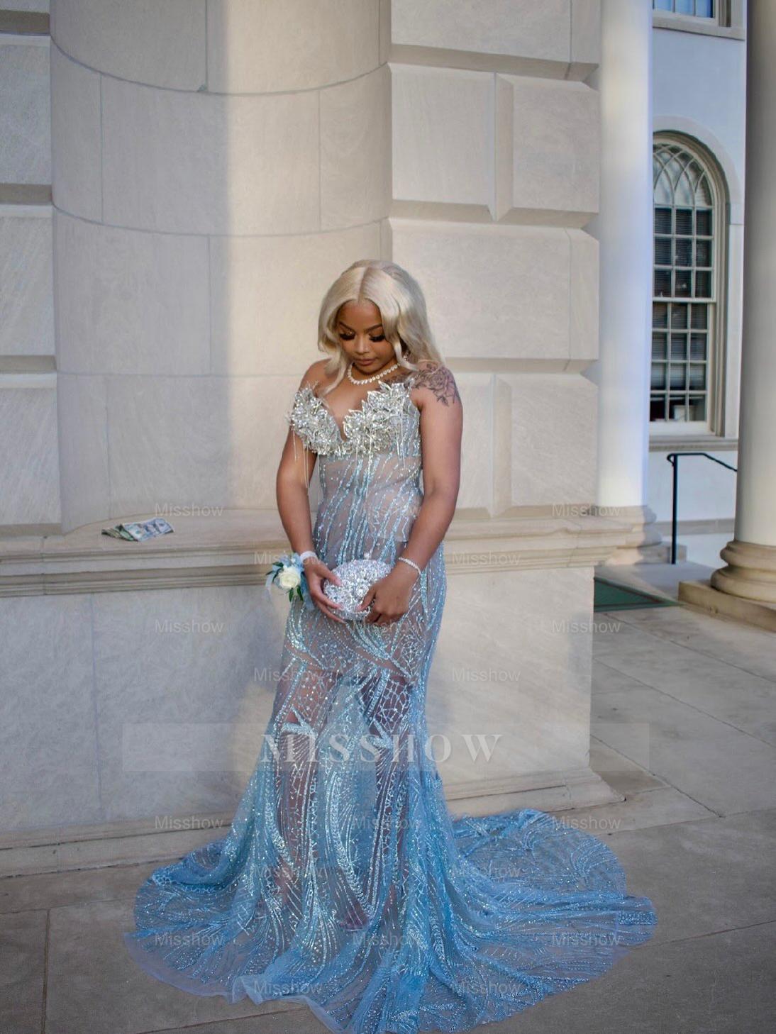 Light Blue Sheer Prom Dress Beaded Mermaid Gown with Train and Lace