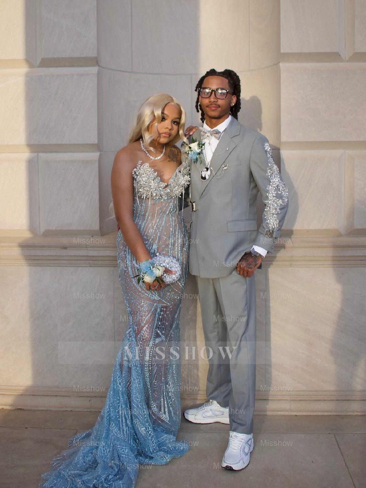 Light Blue Sheer Prom Dress Beaded Mermaid Gown with Train and Lace