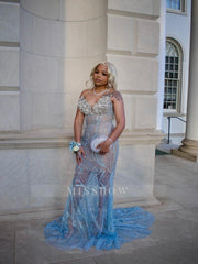 Light Blue Sheer Prom Dress Beaded Mermaid Gown with Train and Lace