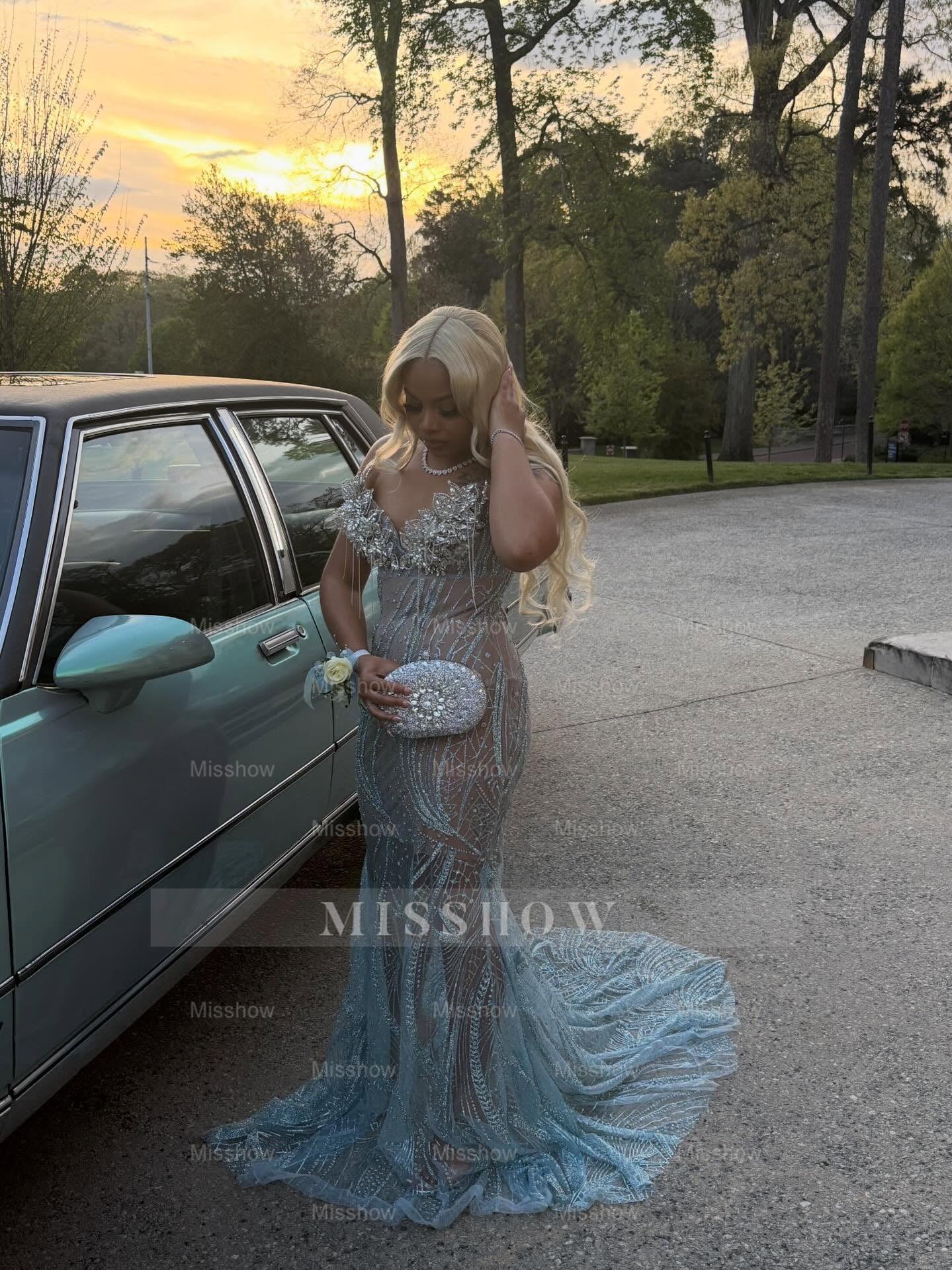Light Blue Sheer Prom Dress Beaded Mermaid Gown with Train and Lace