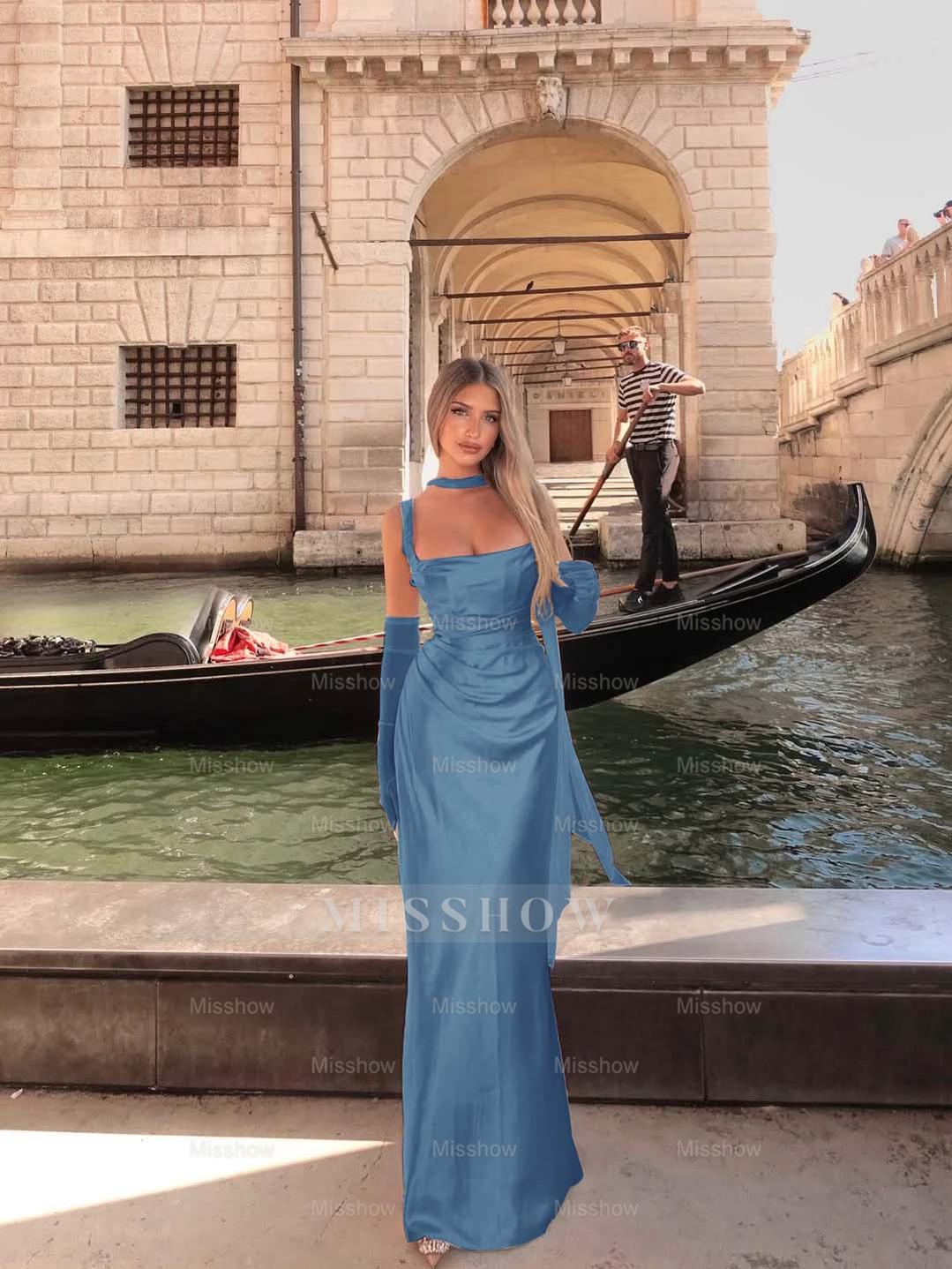 Light Blue Square Long Sleeve Ruffled Column Satin Floor Length Formal Evening Gown
