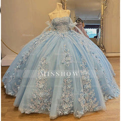 Light Blue Strapless Sleeveless 3D Floral Applique Beaded Bow Ball Gown Quinceanera Dress
