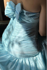 Light Blue Strapless Sleeveless A-Line Satin Pleated Bowknot Floor Formal Evening Gown