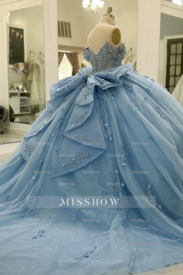 Light Blue Sweetheart Cap Sleeve Beaded Floral Applique Bow Ball Gown Quinceanera Dress