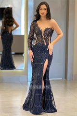 Light Blue Sweetheart Long Sleeve Mermaid Sequin Split Floor Length Formal Evening Dress