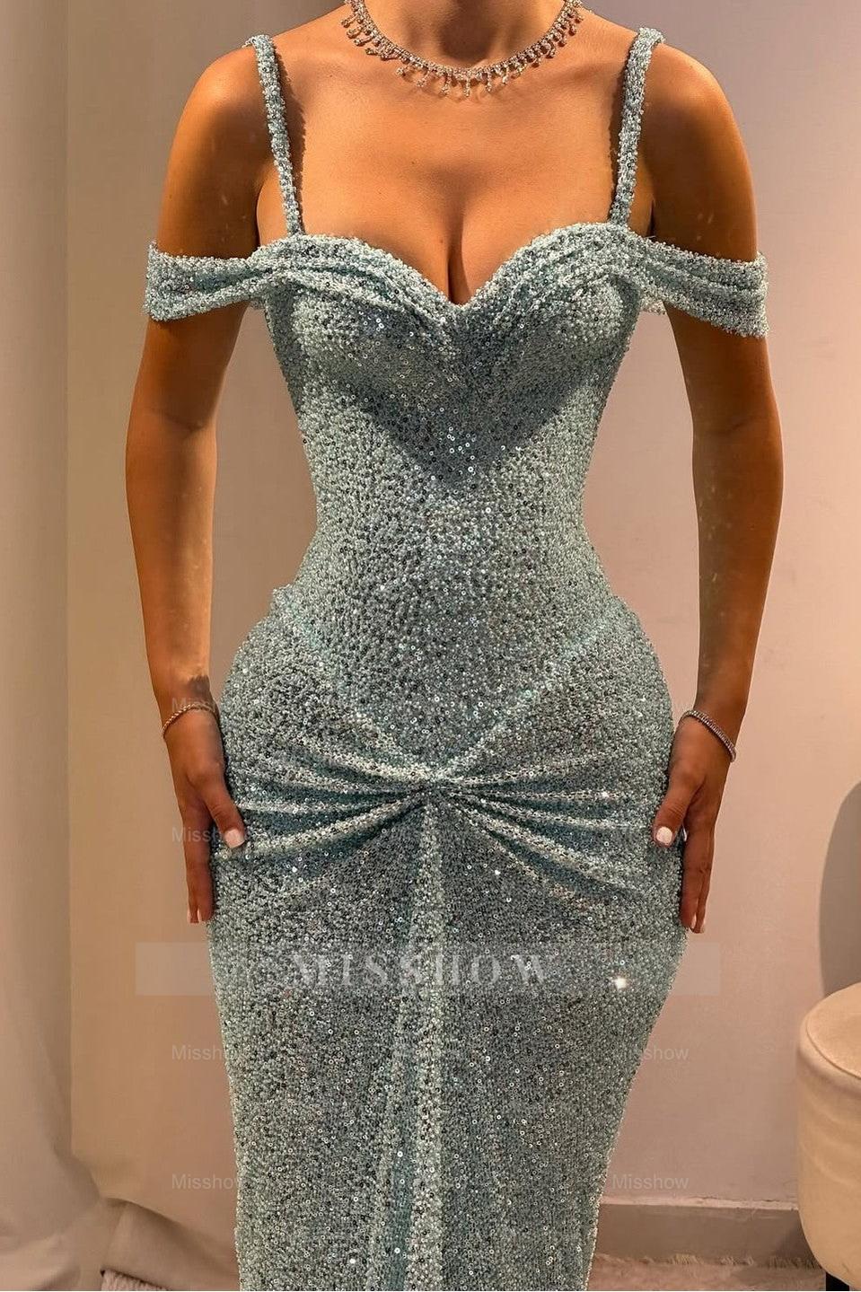 Light Blue Sweetheart Off Shoulder Sequined Mermaid Floor Length Formal Evening Gown