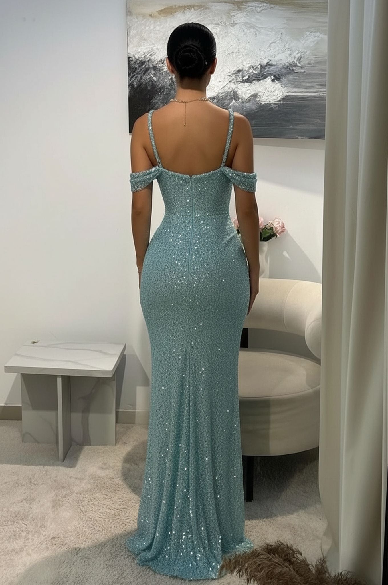 Light Blue Sweetheart Off Shoulder Sequined Mermaid Floor Length Formal Evening Gown