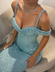 Light Blue Sweetheart Off Shoulder Sequined Mermaid Floor Length Formal Evening Gown
