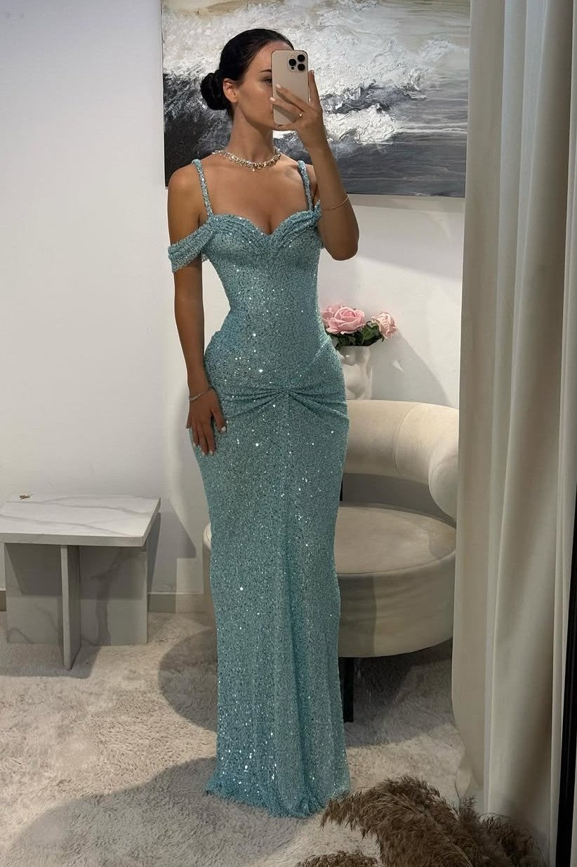 Light Blue Sweetheart Off Shoulder Sequined Mermaid Floor Length Formal Evening Gown