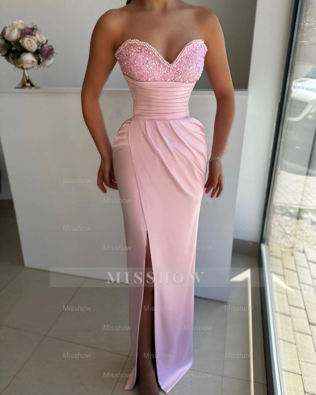 Light Blue Sweetheart Sleeveless Beaded Ruched Bodycon Front Slit Floor Evening Dress