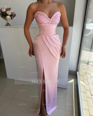 Light Blue Sweetheart Sleeveless Beaded Ruched Bodycon Front Slit Floor Evening Dress