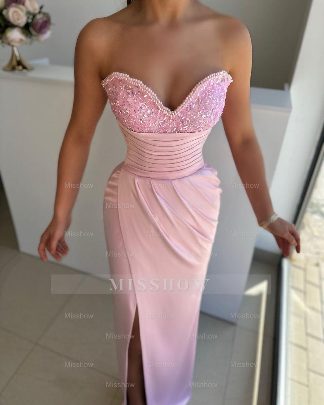 Light Blue Sweetheart Sleeveless Beaded Ruched Bodycon Front Slit Floor Evening Dress