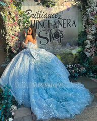 Light Blue Sweetheart Sleeveless Floral Applique Beaded Ruffle Ball Gown Quinceanera Dress