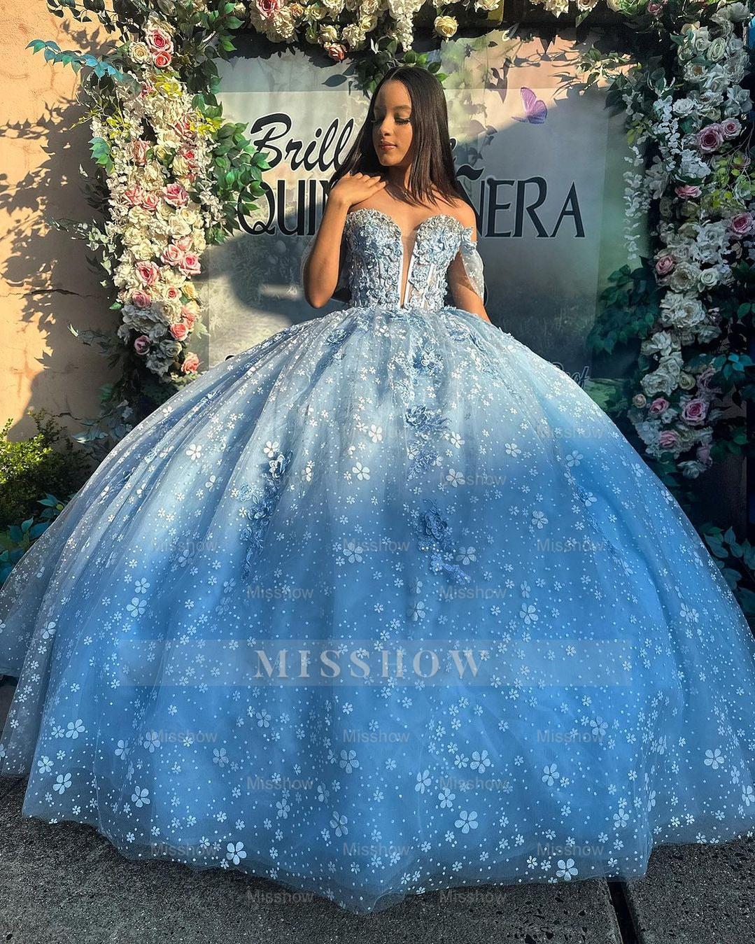 Light Blue Sweetheart Sleeveless Floral Applique Beaded Ruffle Ball Gown Quinceanera Dress