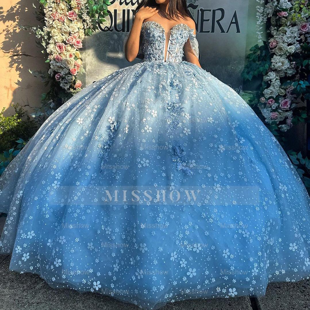 Light Blue Sweetheart Sleeveless Floral Applique Beaded Ruffle Ball Gown Quinceanera Dress
