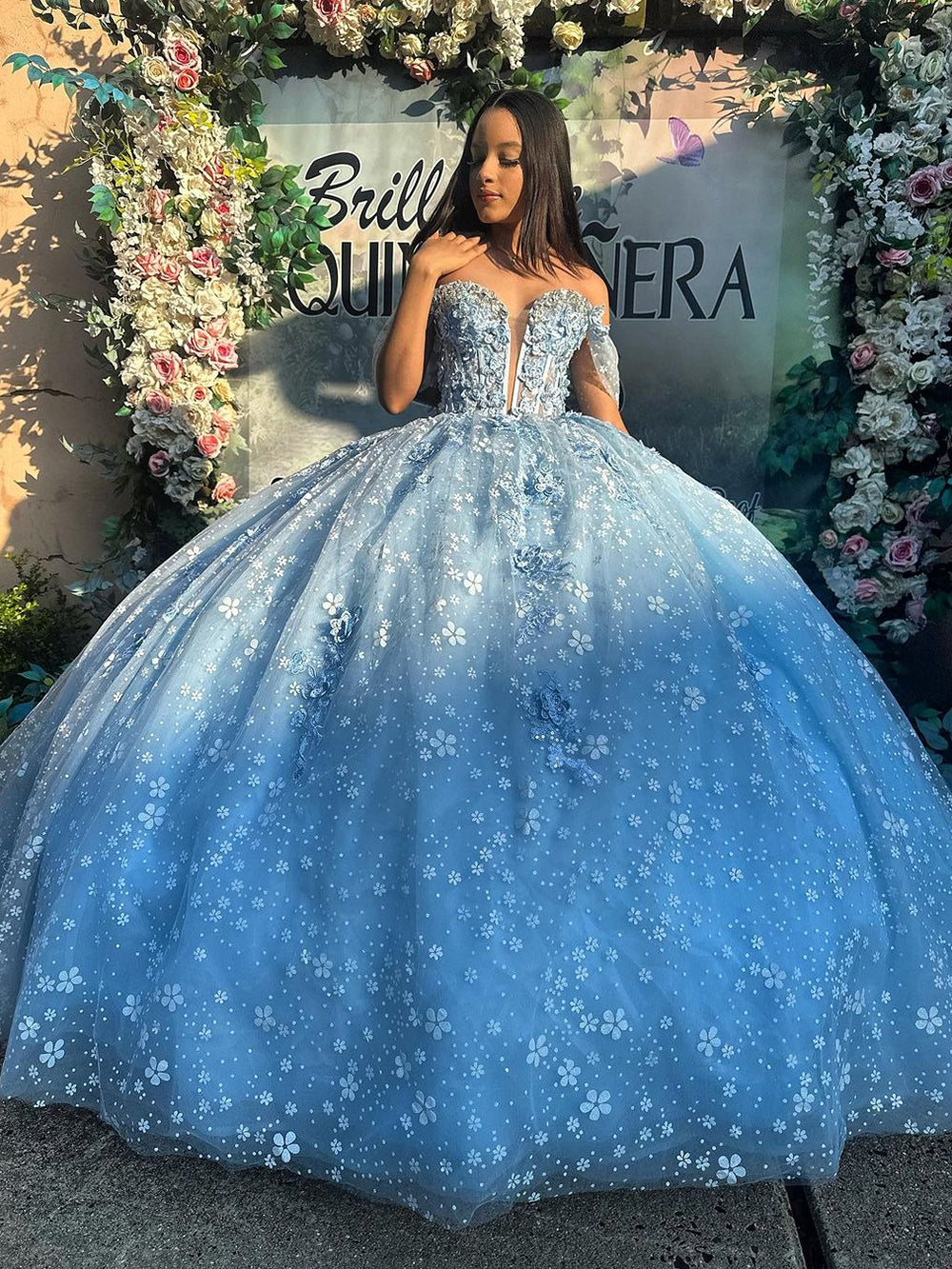 Light Blue Sweetheart Sleeveless Floral Applique Beaded Ruffle Ball Gown Quinceanera Dress