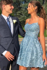 Light blue sweetheart rhinestone A-line homecoming dress