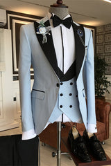 Light Blue Three-Piece Close-Fitting Prom Suit With Black Peaked Lapel