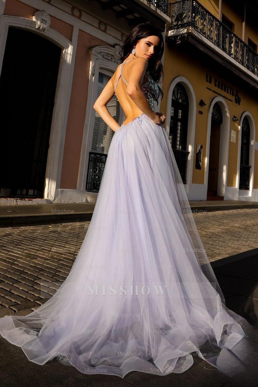 Light blue v-neck sequin A-line evening dress