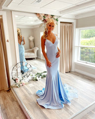 Light Blue V-Neck Spaghetti Straps Sleeveless Lace Applique Mermaid Formal Evening Dress