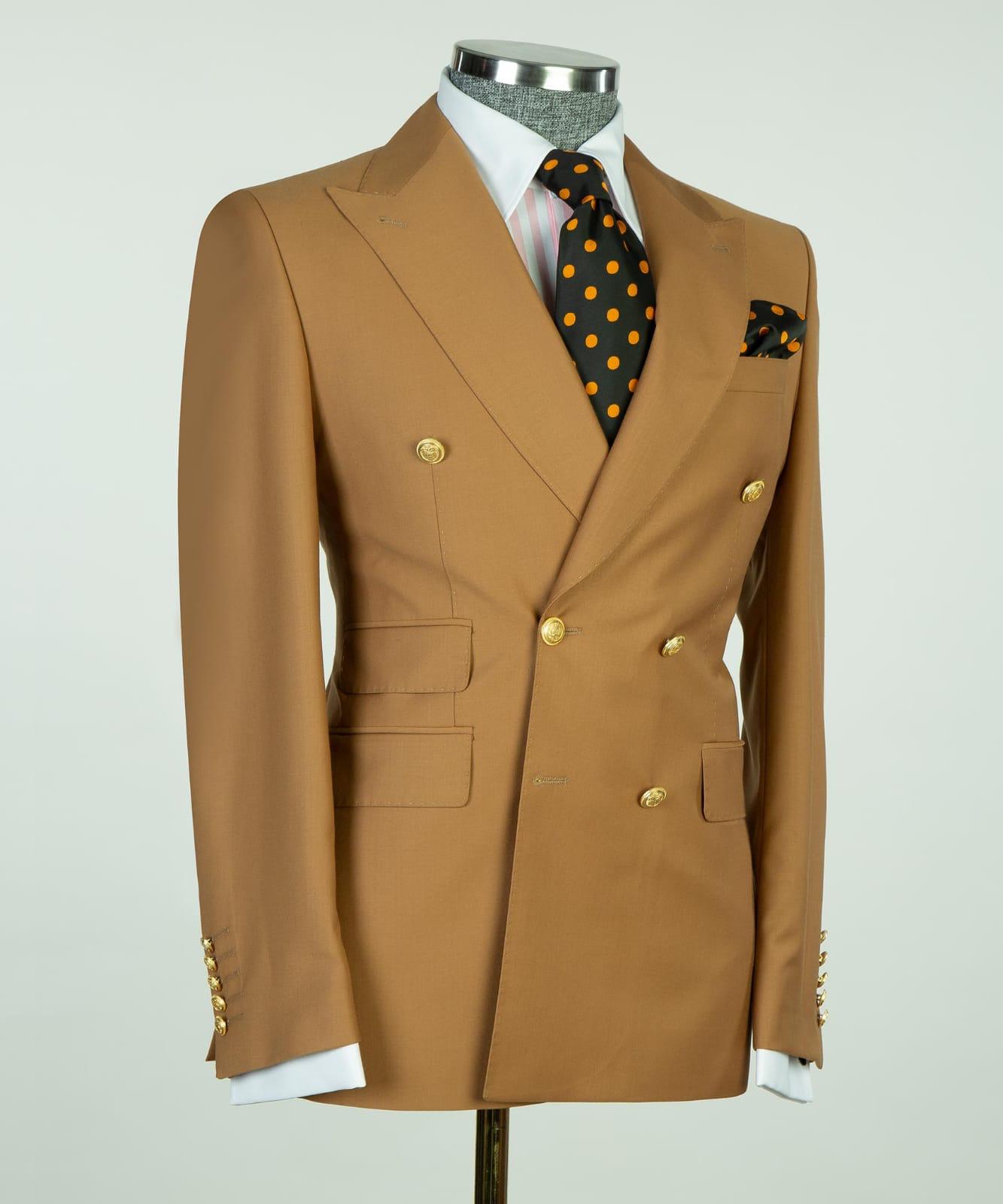 Light Brown Double Breasted Peak Lapel Business Men’s Suits