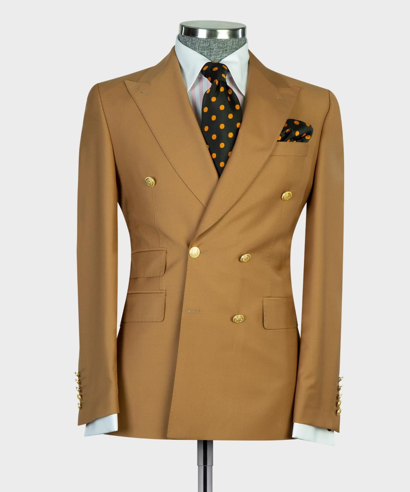 Light Brown Double Breasted Peak Lapel Business Men’s Suits