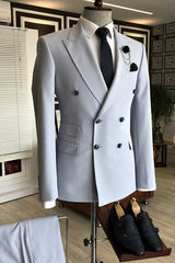 Light Gray Double-Breasted Peaked Lapel Close-Fitting Prom Suit